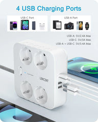 LENCENT EU Plug Power Strip with 4 AC Outlets+ 3 USB+ 1 Type C +2M/3M Braided Cable Multi Socket with Switch for Home/Office