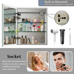 60/70CM Illuminated LED Wall Mirrored Bathroom Storage Medicine Cabinet with Shaver Socket, Bluetooth Speaker Anti-Fog