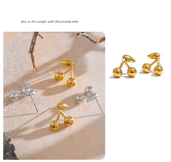 Yhpup 316L Stainless Steel Metal Chic Cherry Golden Stud Earrings Water Resistant Charm Fashion Jewelry 18K PVD Plated Wholesale