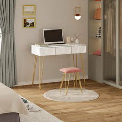 1SET White Gold Dressing Table with 360° Swivel Mirror 3 Drawers 3D Effect Velvet Stool Cosmetic Makeup dressers for Bedroom