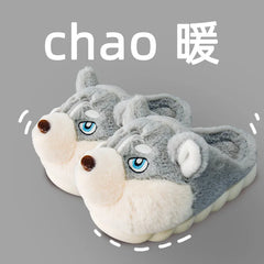 Women Indoor Cotton Slippers Cute Cartoon Dog Winter Warm Shoes Couples Home Floor Slides Anti-slip Female Male House Footwear