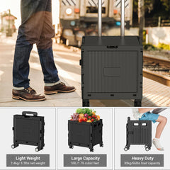 Folding Utility Cart Portable 360° Rolling Wheels Telescopic Handle Trolley Collapsible Shopping Box with Lid for Camping Office