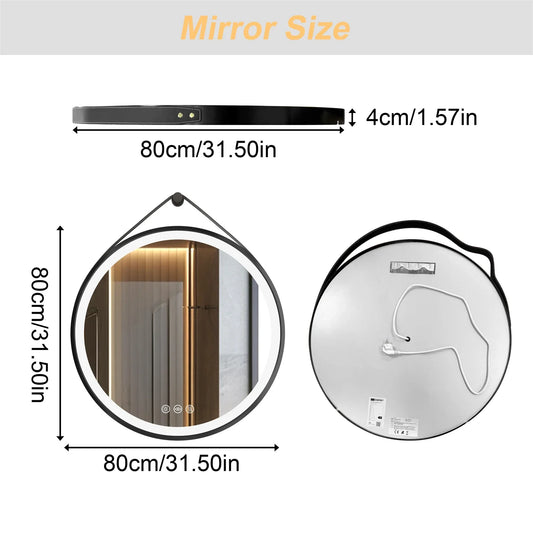 60/70/80CM Round LED Bathroom Mirror Wall Hanging Frontlit Vanity Makeup Mirror with Leather Strap Touch Anti-fog