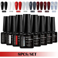 MEET ACROSS 8Pcs/Set Gel Nail Polish Set for All Season Neon Marcaron Green Red Series UV Gel Varnish Manicure Kit Nail Supplies
