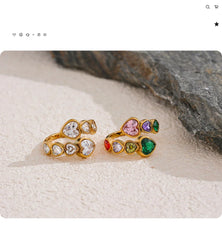 Yhpup Delicate Cubic Zirconia Heart Stainless Steel Gold Color Adjustable Fashion Open Ring High Quality Chic Charm Jewelry