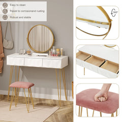 1SET White Gold Dressing Table with 360° Swivel Mirror 3 Drawers 3D Effect Velvet Stool Cosmetic Makeup dressers for Bedroom