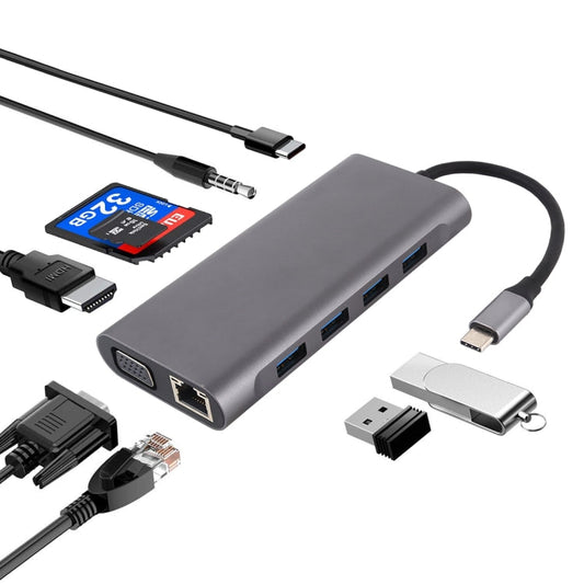 11 in 1 VGA + LAN Port + 4 x USB 3.0 + SD / TF Card + HDMI + Audio Port + USB-C / Type-C Female to USB-C / Type-C HUB Adapter, 11 Ports to Type-C