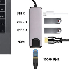 USB-C/Type-C to HD 4K HDMI + RJ45 + USB 3.0 + USB 2.0 + PD 5 in 1 HUB Converter, 5 in 1