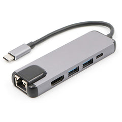 USB-C/Type-C to HD 4K HDMI + RJ45 + USB 3.0 + USB 2.0 + PD 5 in 1 HUB Converter, 5 in 1