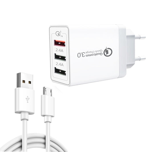 SDC-30W 2 in 1 USB to Micro USB Data Cable + 30W QC 3.0 USB + 2.4A Dual USB 2.0 Ports Mobile Phone Tablet PC Universal Quick Charger Travel Charger Set, EU Plug, with Micro USB Cable, EU Plug
