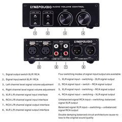 2 In and 2 Out Switcher Volume Controller, RCA signal switches to XLR balanced signal and no need for power supply. It provides RCA and XLR interfaces, independent L/R channel volume adjustment, which is suitable for devices with volume adjustment need