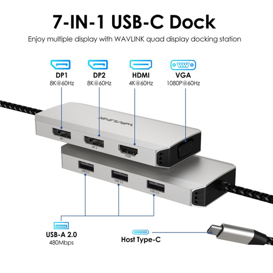WAVLINK WL-UMD307 Type-C to 2DP + 4K HD + VGA + 3 x USB2.0 HUB Docking Station, UMD307