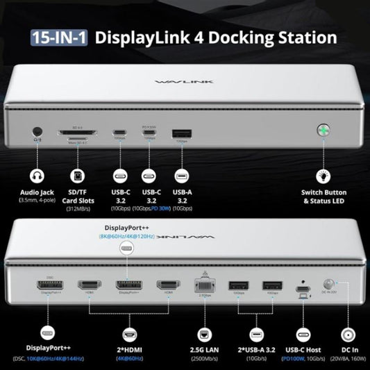 WAVLINK WL-UG75PD1-DH2 USB-C / Type-C Displaylink DL7400 Docking Station Support Quad Display
