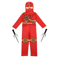 Boys Japanese Ninja Costume with Cartoon Anime Print Red Jumpsuit, Mask and Ninja Fork Accessory Set Halloween Dress Up Party