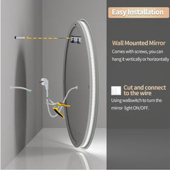 Anti-fog LED Bathroom Mirror Circle Backlit HD Wall Mounted Vanity Mirror Shatterproof 3 Colors Lights Adjust