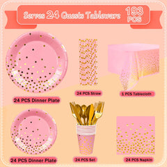 Pink and Gold Party Supplies 193 pcs/Serves 24 Pink and Gold Birthday Dinnerware Set- Pink and Gold Birthday Plates Cups etc