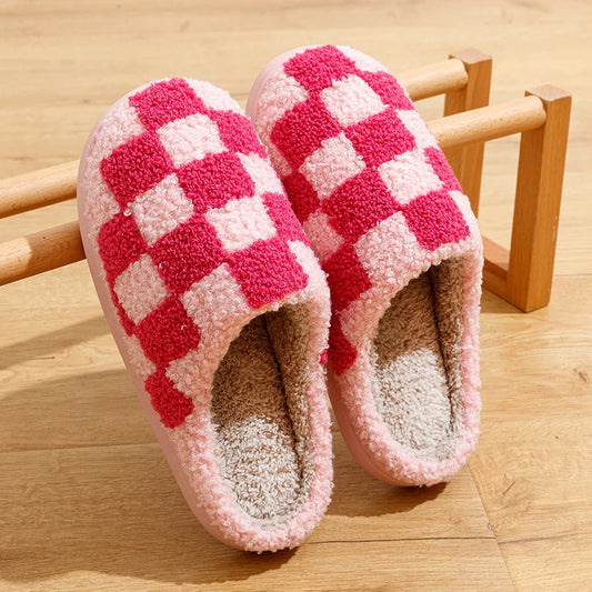 New Fuzzy Slippers Fashion Checker Indoor Embroidery Houseshoes Cozy Woman Winter Fluffy House Retro Checkered Print Shoes