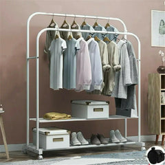 Heavy Metal Double Clothes Rail Hanging Rack Garment Display Stand Storage Shelf Rolling Closet Organizer