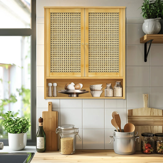 Bamboo Bathroom Wall Cabinet, Over the Toilet, Kitchen Storage, Solid Wood, 3 Shelves, 2 Doors