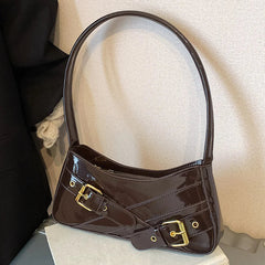 MOJOYCE Small Belt Design Glossy Patent Leather Shoulder Bags Women Luxury Brand Tote Handbag Y2K Underarm Bag with Inner Pocket