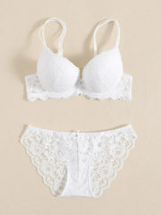 1 Set Elegant Erotic Lace Embroidery Breathable Fabric Lingeries : Push-Up Bra, Low Waist Sheer Panty - Ultimate Valentine's Day