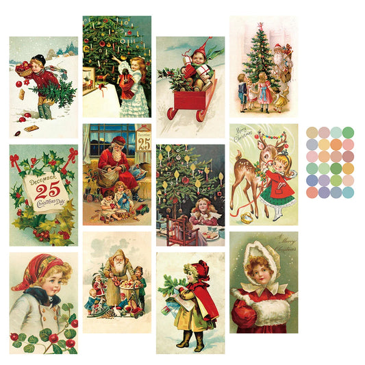 12pcs Vintage Christmas Greeting Cards Set Santa,Elk,Xmas Tree Postcard Set,Note Cards Small Card,Perfect Vintage Christmas Gift