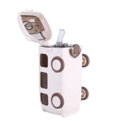 500ML Bus Shape Cartoon Water Cup with Movable Wheels & Strap Plastic Drinking Bottle Leakproof for Home Travel School