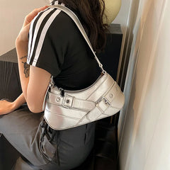 MOJOYCE Small Belt Design Glossy Patent Leather Shoulder Bags Women Luxury Brand Tote Handbag Y2K Underarm Bag with Inner Pocket