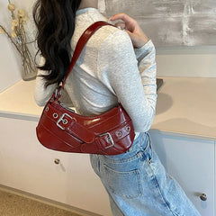 MOJOYCE Small Belt Design Glossy Patent Leather Shoulder Bags Women Luxury Brand Tote Handbag Y2K Underarm Bag with Inner Pocket