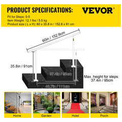 VEVOR Handrail for Outdoor Steps Aluminum Stair Handrail Fit 0-5 Steps w/ Installation Kit Building & Hardware Home Improvement