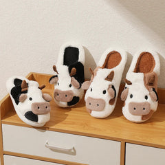 New Winter Unisex Cartoon Cow Warm Plush Slippers Couple's Indoor Non-slip House Slides Men And Women Toe Wrap Home Cotton Shoes