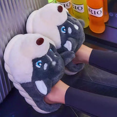 Women Indoor Cotton Slippers Cute Cartoon Dog Winter Warm Shoes Couples Home Floor Slides Anti-slip Female Male House Footwear