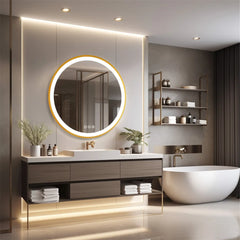 LUVODI 24 Inch Gold Frame Round Bathroom Mirror with Lights Illuminate Wall Vanity Mirror 3 Color Dimmable Anti-Fog Smart Mirror