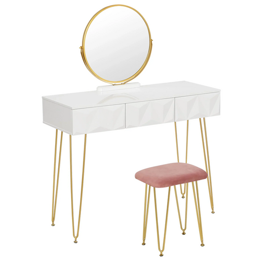 1SET White Gold Dressing Table with 360° Swivel Mirror 3 Drawers 3D Effect Velvet Stool Cosmetic Makeup dressers for Bedroom