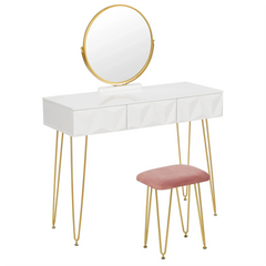 1SET White Gold Dressing Table with 360° Swivel Mirror 3 Drawers 3D Effect Velvet Stool Cosmetic Makeup dressers for Bedroom