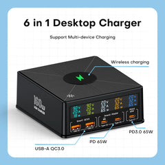 160W 5 Ports USB Charger Staion 15W Wireless Charging PD 65W QC3.0 Type C Fast Charger for iPhone 15 Pro Macbook Samsung Laptop