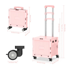 Folding Utility Shopping Trolley on Wheels Teacher Trolley Cart with Lid Portable Crate Handcart Box for Camping Shopping Pink