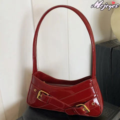 MOJOYCE Small Belt Design Glossy Patent Leather Shoulder Bags Women Luxury Brand Tote Handbag Y2K Underarm Bag with Inner Pocket
