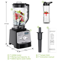 BioloMix Professional Blender Smoothie Mixer with 2L BPA Free Pitcher, Smart Timer And Pre-programed Peak 2200W Power Mixer