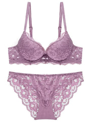 1 Set Elegant Erotic Lace Embroidery Breathable Fabric Lingeries : Push-Up Bra, Low Waist Sheer Panty - Ultimate Valentine's Day
