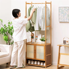 Bamboo Garment Rack, Heavy Duty Coat Stand, Wardrobe with 3 Storage Shelves, Shoe Shelf