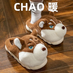 Women Indoor Cotton Slippers Cute Cartoon Dog Winter Warm Shoes Couples Home Floor Slides Anti-slip Female Male House Footwear