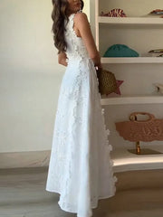 Embroidery Flower Patchwork Long Dress For Women Round Neck Sleeveless Lace Up High Waist Spliced Slim Dresses 2025 Summer New