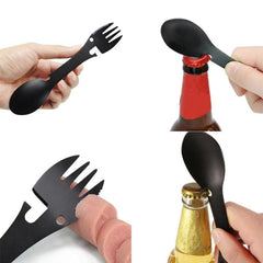 2 PCS 5 in 1 Multi-functional Outdoor Tools Stainless Steel Camping Survival EDC Kit Practical Fork Knife Spoon Bottle/Can Opener