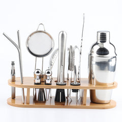 18 in 1 Stainless Steel Cocktail Shaker Set, Oval Bamboo Base, Bar Tool Set, 350ml, 550ml, 750ml