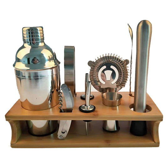 10 in 1 Stainless Steel Shaker Bamboo Stand Set Oblique Mouth Bar Cocktail Bartending Tool, 350ml, 550ml, 750ml