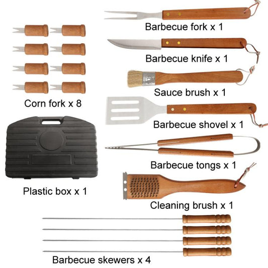 19pcs /Set Outdoor Stainless Steel Wooden Handle Barbecue Tool Box
