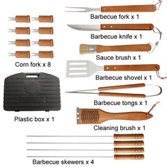 19pcs /Set Outdoor Stainless Steel Wooden Handle Barbecue Tool Box