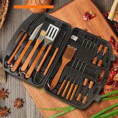 19pcs /Set Outdoor Stainless Steel Wooden Handle Barbecue Tool Box