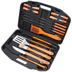 19pcs /Set Outdoor Stainless Steel Wooden Handle Barbecue Tool Box